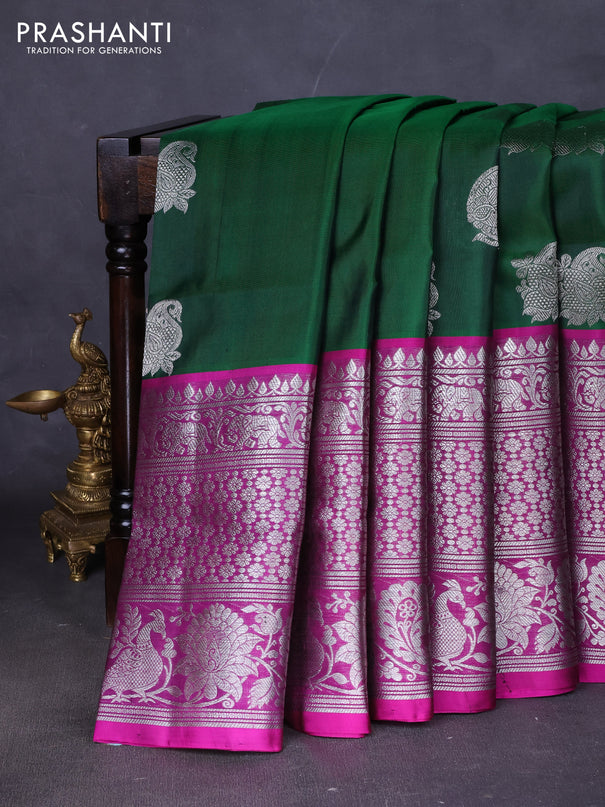 Venkatagiri silk saree bottle green and purple with allover silver zari woven buttas and long silver zari woven border