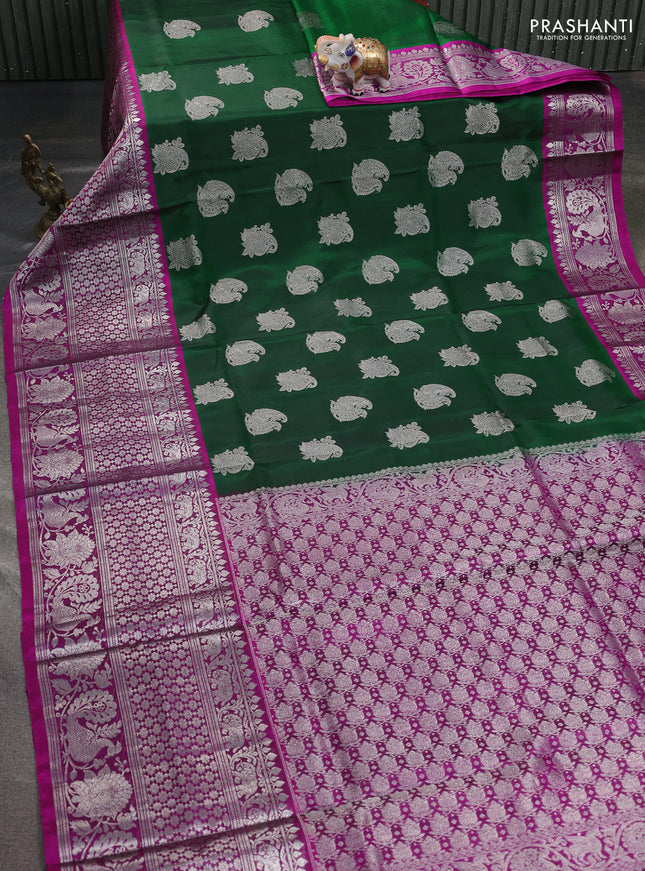 Venkatagiri silk saree bottle green and purple with allover silver zari woven buttas and long silver zari woven border