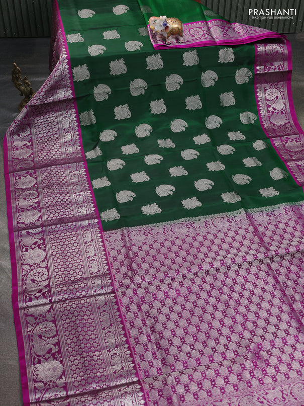 Venkatagiri silk saree bottle green and purple with allover silver zari woven buttas and long silver zari woven border