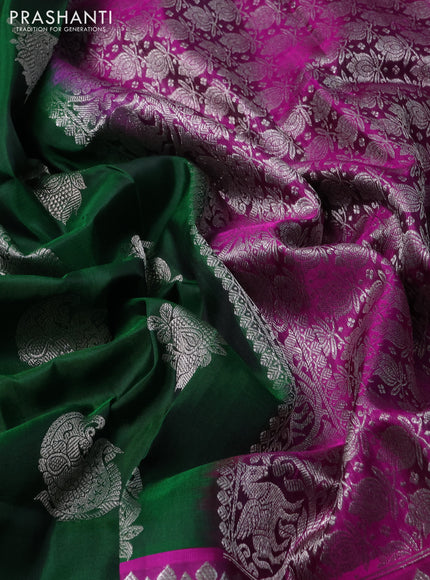 Venkatagiri silk saree bottle green and purple with allover silver zari woven buttas and long silver zari woven border