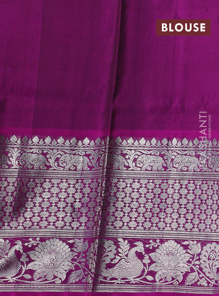 Venkatagiri silk saree bottle green and purple with allover silver zari woven buttas and long silver zari woven border