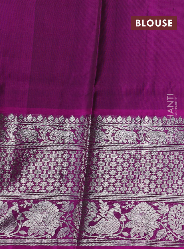 Venkatagiri silk saree bottle green and purple with allover silver zari woven buttas and long silver zari woven border
