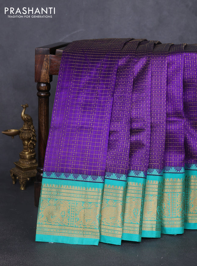 Kuppadam silk cotton saree violet and teal green with allover laksha deepam pattern and zari woven border