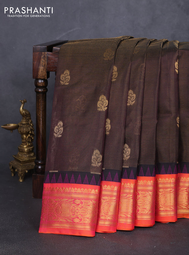 Kuppadam silk cotton saree deep coffee brown and dual shade of pinkish orange with allover vairosi pattern & buttas and zari woven korvai border