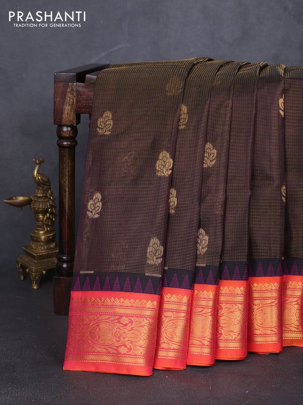 Kuppadam silk cotton saree deep coffee brown and dual shade of pinkish orange with allover vairosi pattern & buttas and zari woven korvai border
