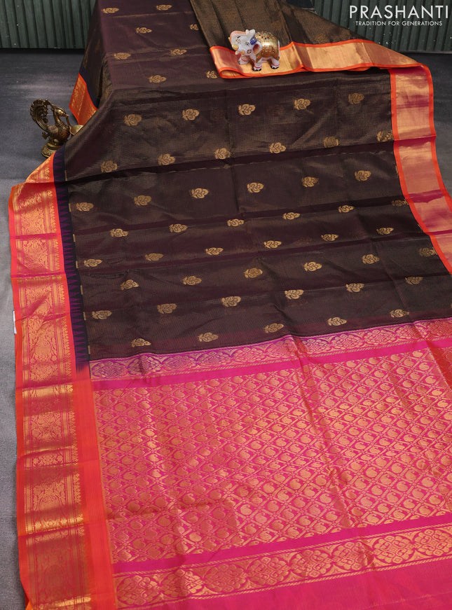 Kuppadam silk cotton saree deep coffee brown and dual shade of pinkish orange with allover vairosi pattern & buttas and zari woven korvai border