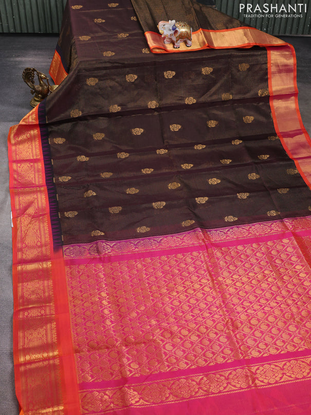 Kuppadam silk cotton saree deep coffee brown and dual shade of pinkish orange with allover vairosi pattern & buttas and zari woven korvai border
