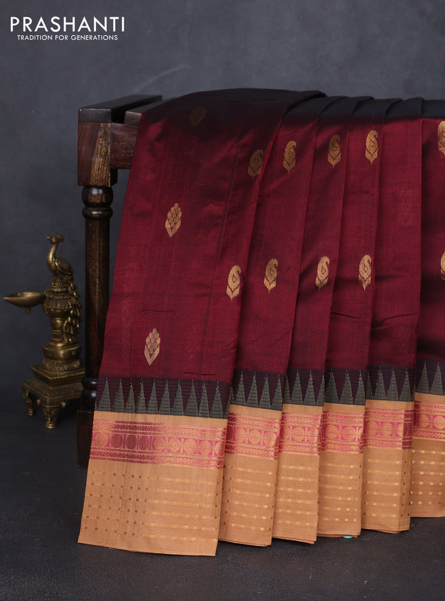 Kuppadam silk cotton saree maroon and sandal with zari woven buttas and temple design zari woven border
