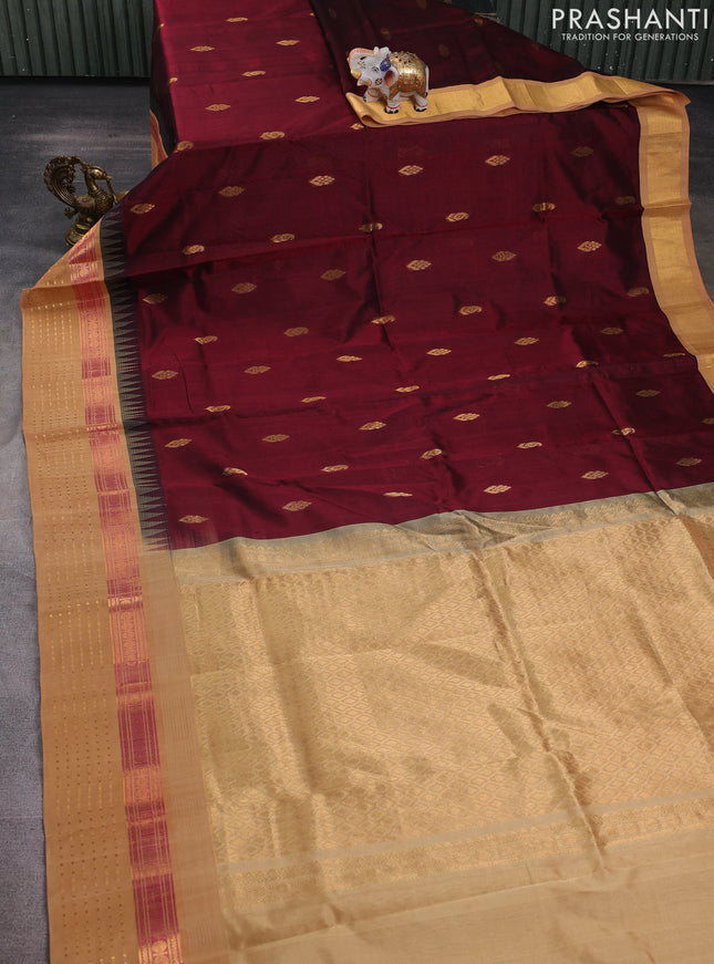 Kuppadam silk cotton saree maroon and sandal with zari woven buttas and temple design zari woven border