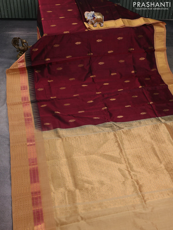 Kuppadam silk cotton saree maroon and sandal with zari woven buttas and temple design zari woven border