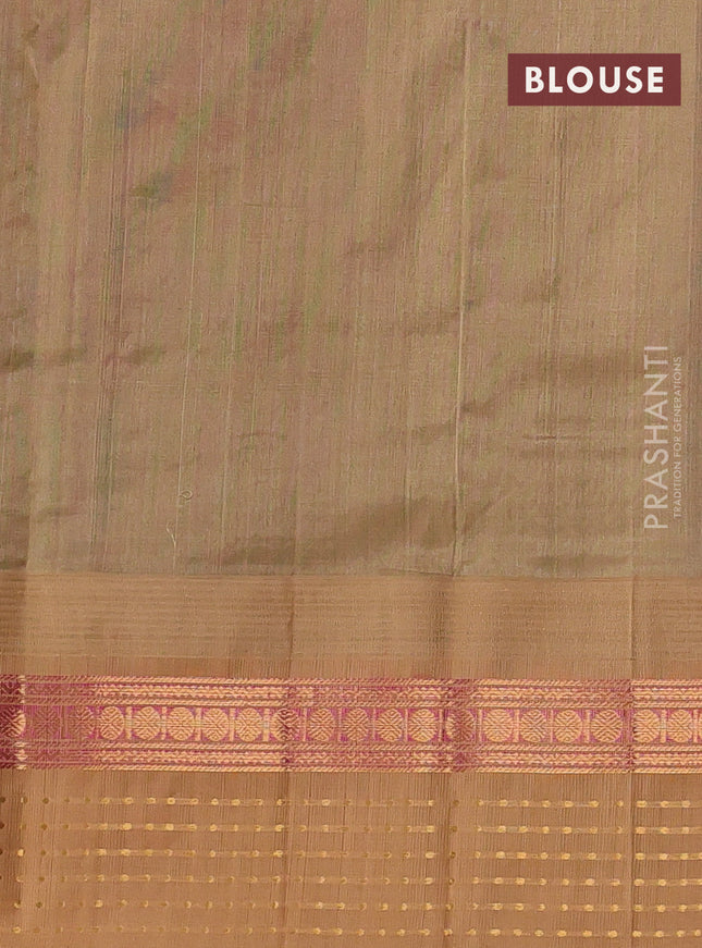 Kuppadam silk cotton saree maroon and sandal with zari woven buttas and temple design zari woven border