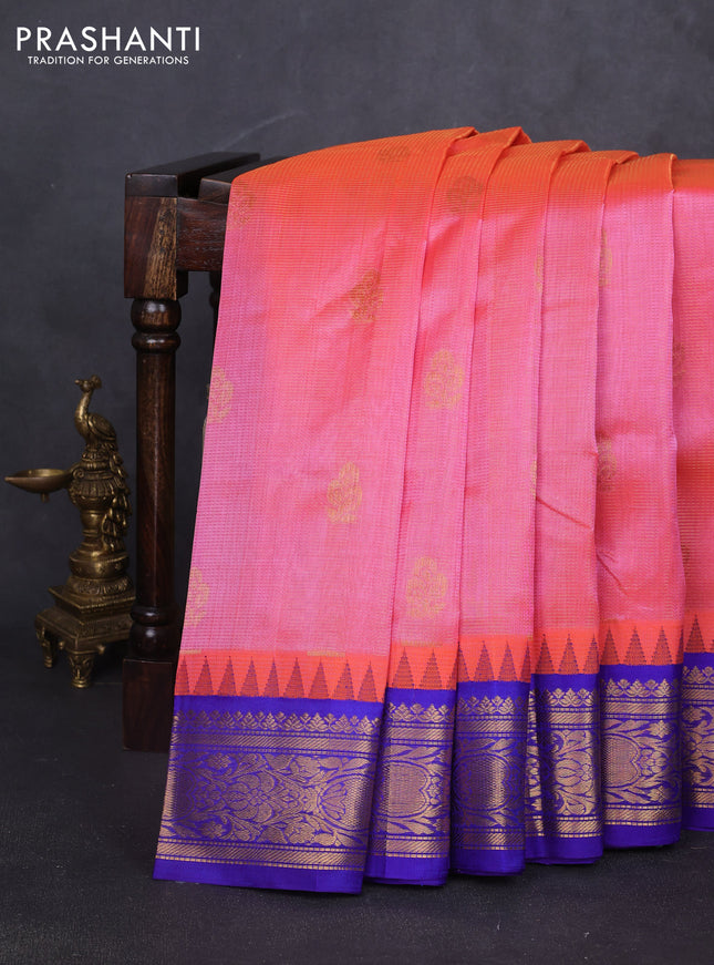 Kuppadam silk cotton saree peach pink and blue with allover vairosi pattern & buttas and temple design zari woven border