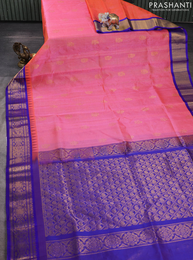 Kuppadam silk cotton saree peach pink and blue with allover vairosi pattern & buttas and temple design zari woven border