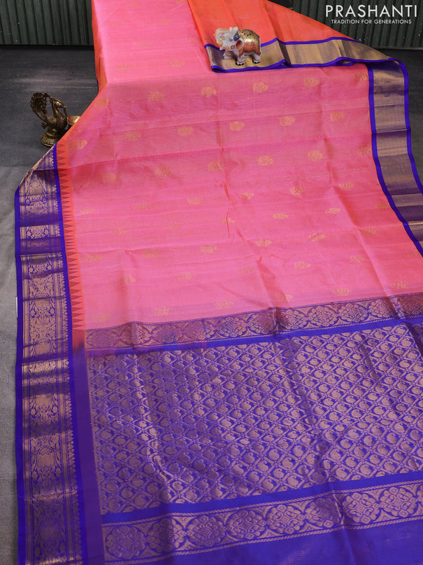 Kuppadam silk cotton saree peach pink and blue with allover vairosi pattern & buttas and temple design zari woven border