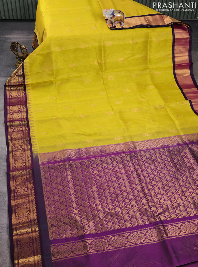 Kuppadam silk cotton saree lime yellow and deep purple with allover vairosi pattern & buttas and temple design zari woven border