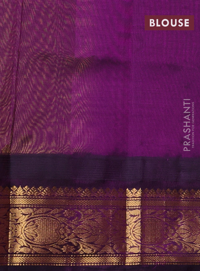 Kuppadam silk cotton saree lime yellow and deep purple with allover vairosi pattern & buttas and temple design zari woven border
