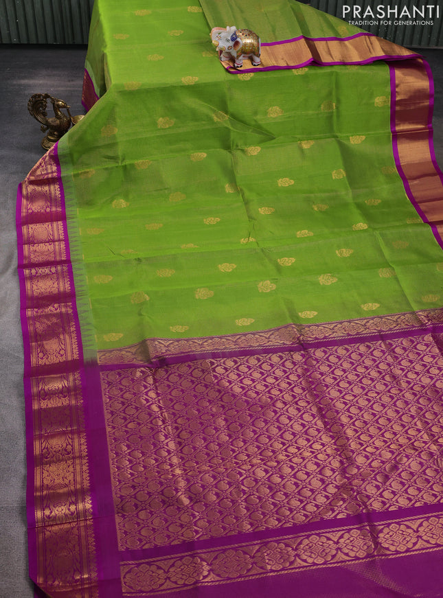 Kuppadam silk cotton saree light green and purple with allover vairosi pattern & buttas and temple design zari woven border