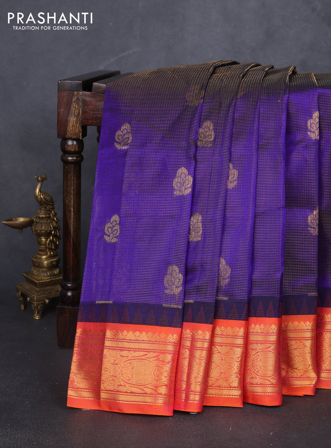 Kuppadam silk cotton saree blue and orange with allover vairosi pattern & buttas and temple design zari woven border