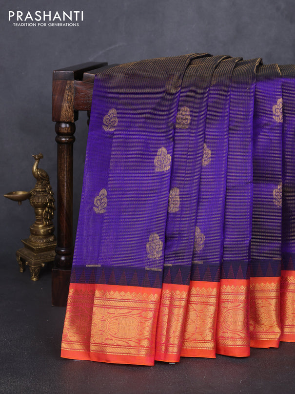 Kuppadam silk cotton saree blue and orange with allover vairosi pattern & buttas and temple design zari woven border