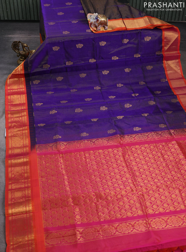 Kuppadam silk cotton saree blue and orange with allover vairosi pattern & buttas and temple design zari woven border