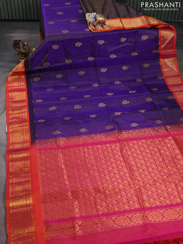 Kuppadam silk cotton saree blue and orange with allover vairosi pattern & buttas and temple design zari woven border