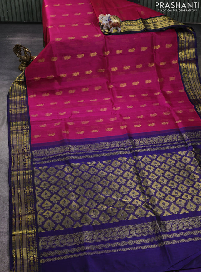 Kuppadam silk cotton saree pink and navy blue with allover paisely zari woven buttas and temple design zari woven border