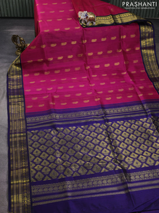 Kuppadam silk cotton saree pink and navy blue with allover paisely zari woven buttas and temple design zari woven border