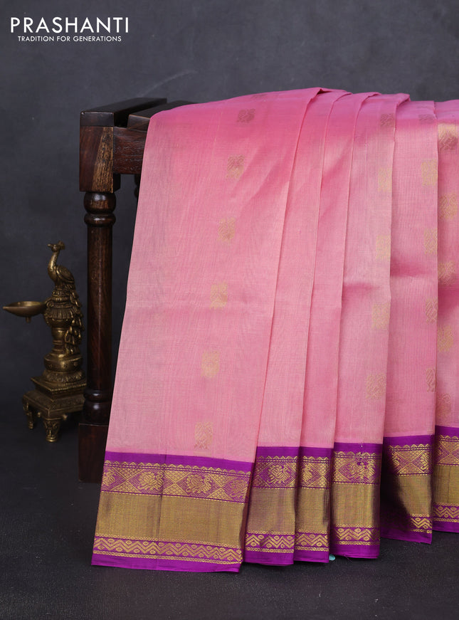 Kuppadam silk cotton saree pastel pink and purple with annam zari woven buttas and rettapet zari woven border