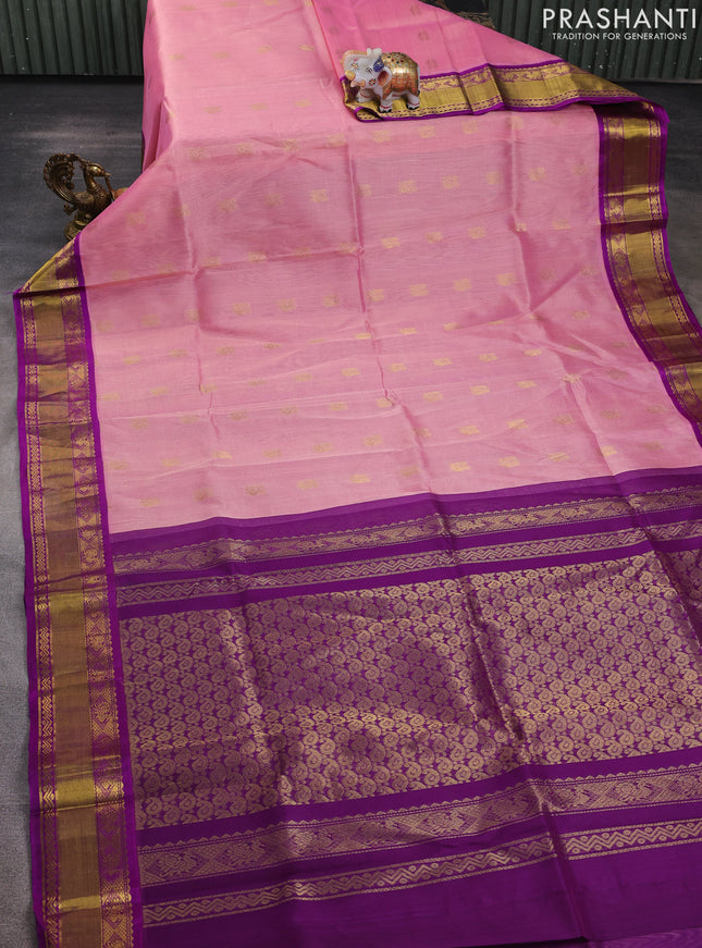Kuppadam silk cotton saree pastel pink and purple with annam zari woven buttas and rettapet zari woven border