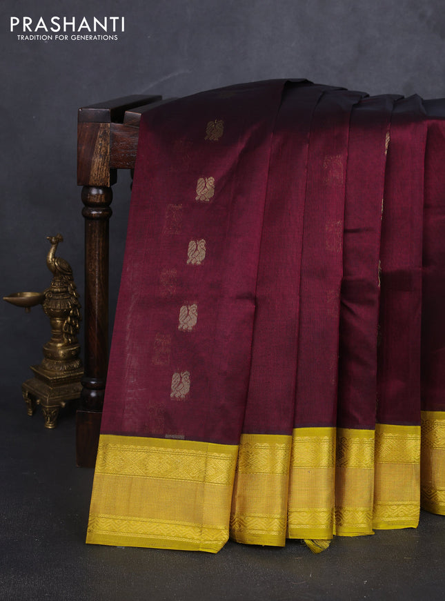 Kuppadam silk cotton saree deep maroon and lime yellow with annam zari woven buttas and rettapet zari woven border