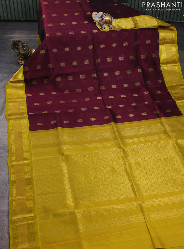 Kuppadam silk cotton saree deep maroon and lime yellow with annam zari woven buttas and rettapet zari woven border