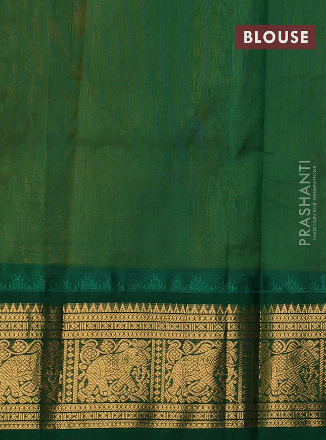 Kuppadam silk cotton saree yellow and green with allover laksha deepam pattern and temple design elephant zari woven border
