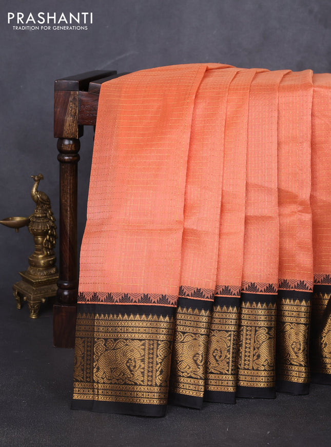 Kuppadam silk cotton saree peach orange and black with allover laksha deepam pattern and temple design elephant zari woven border