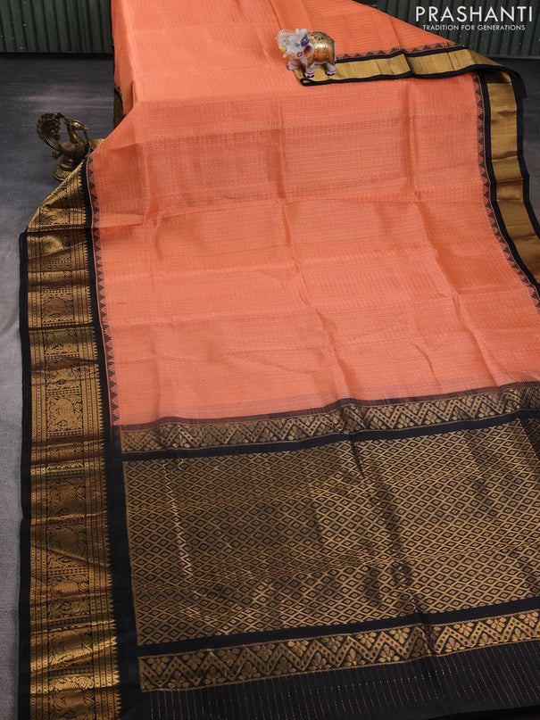 Kuppadam silk cotton saree peach orange and black with allover laksha deepam pattern and temple design elephant zari woven border