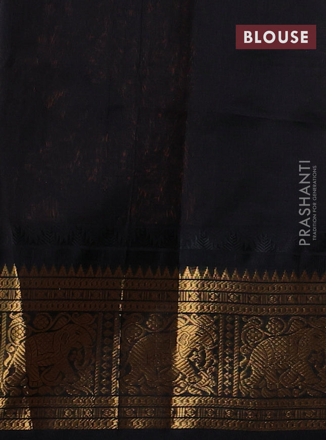 Kuppadam silk cotton saree peach orange and black with allover laksha deepam pattern and temple design elephant zari woven border