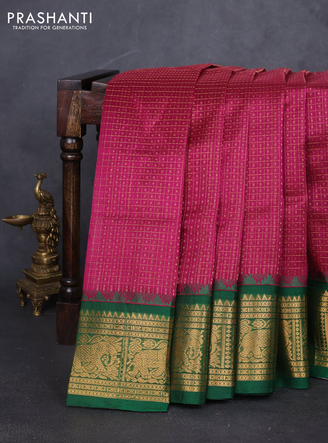Kuppadam silk cotton saree wine shade and green with allover laksha deepam pattern and temple design elephant zari woven border