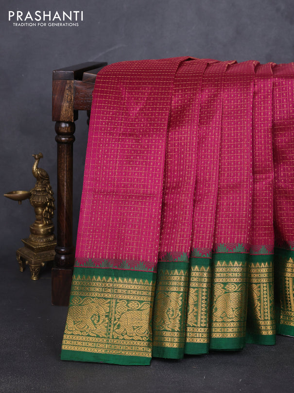 Kuppadam silk cotton saree wine shade and green with allover laksha deepam pattern and temple design elephant zari woven border
