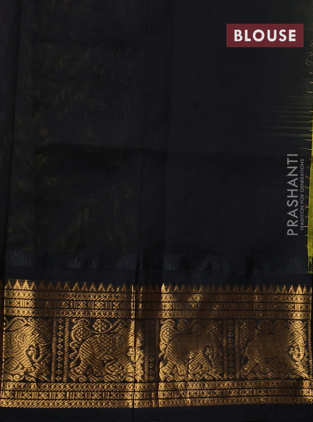 Kuppadam silk cotton saree lime yellow and black with allover laksha deepam pattern and temple design elephant zari woven border