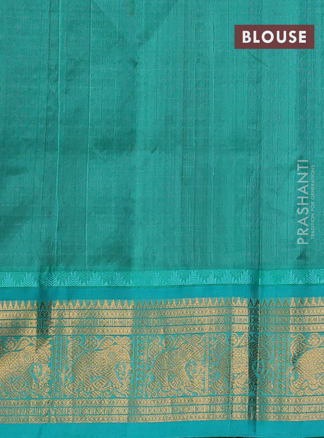 Kuppadam silk cotton saree deep purple and teal green with allover laksha deepam pattern and temple design elephant zari woven border