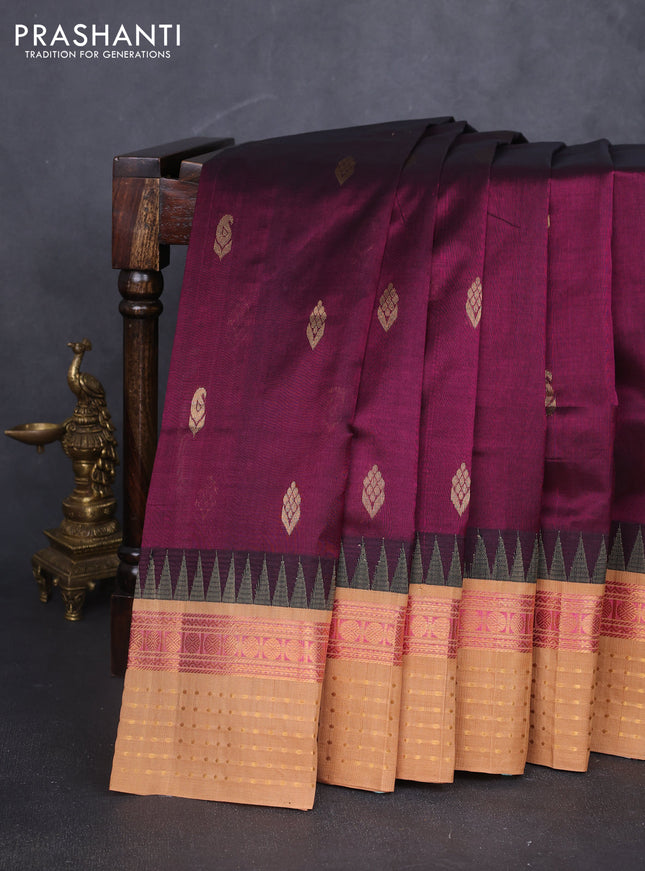 Kuppadam silk cotton saree deep purple and sandal with zari woven buttas and zari woven border