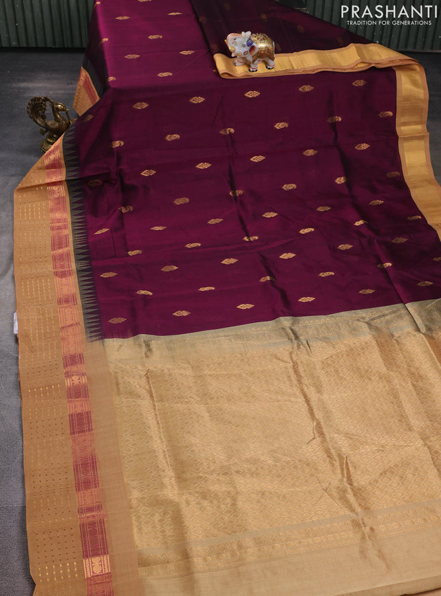 Kuppadam silk cotton saree deep purple and sandal with zari woven buttas and zari woven border