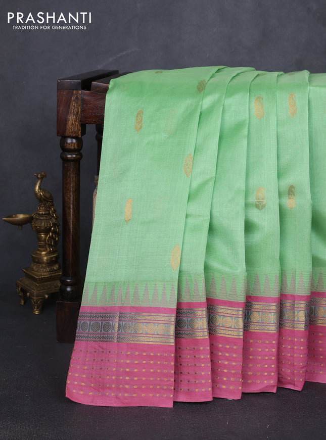 Kuppadam silk cotton saree pista green and mauve pink with zari woven buttas and zari woven border