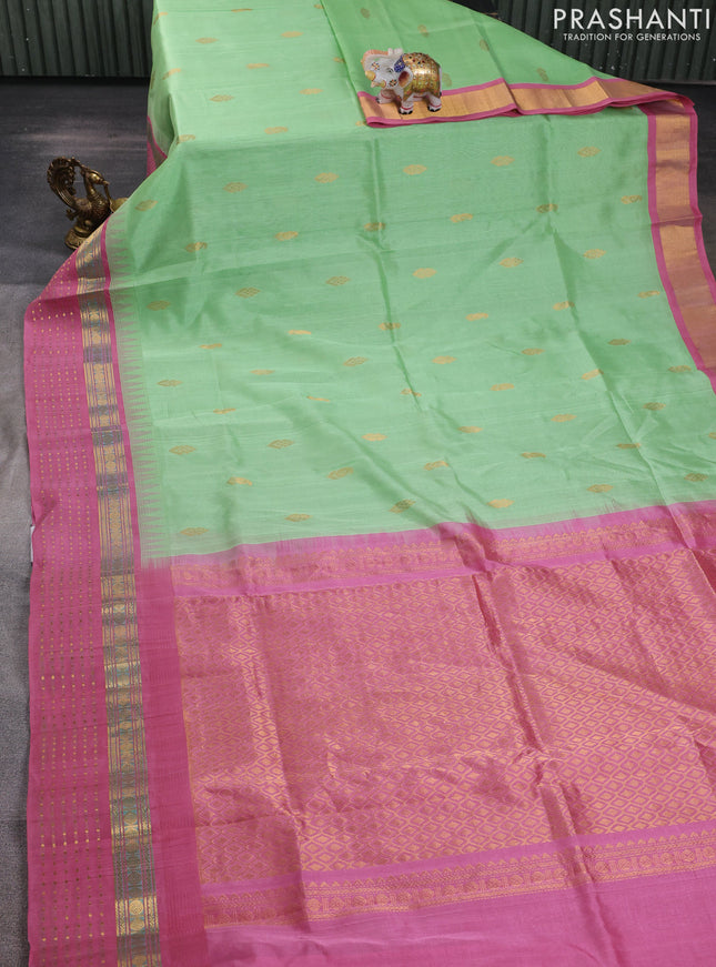Kuppadam silk cotton saree pista green and mauve pink with zari woven buttas and zari woven border