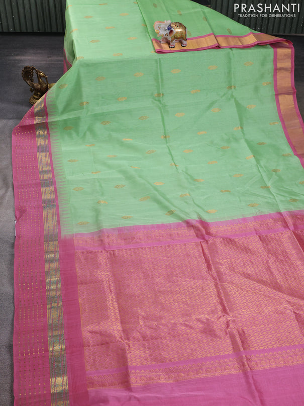 Kuppadam silk cotton saree pista green and mauve pink with zari woven buttas and zari woven border