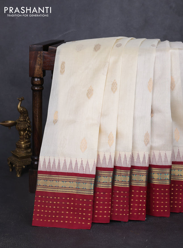 Kuppadam silk cotton saree off white and maroon with zari woven buttas and zari woven border
