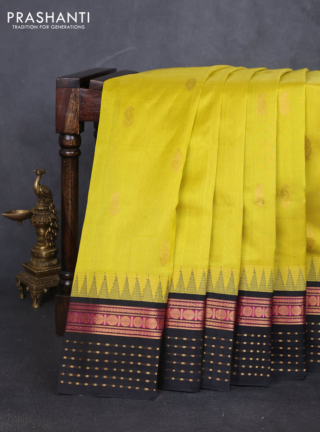 Kuppadam silk cotton saree lime yellow and black with zari woven buttas and zari woven border
