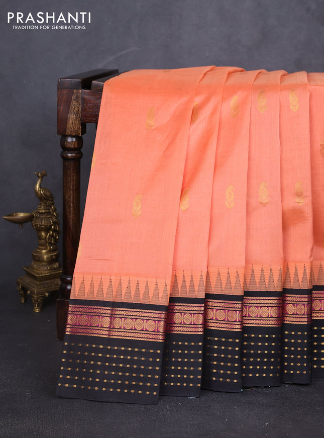 Kuppadam silk cotton saree peach orange and black with zari woven buttas and zari woven border