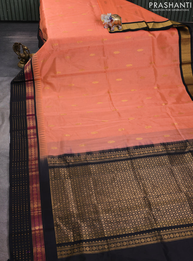 Kuppadam silk cotton saree peach orange and black with zari woven buttas and zari woven border