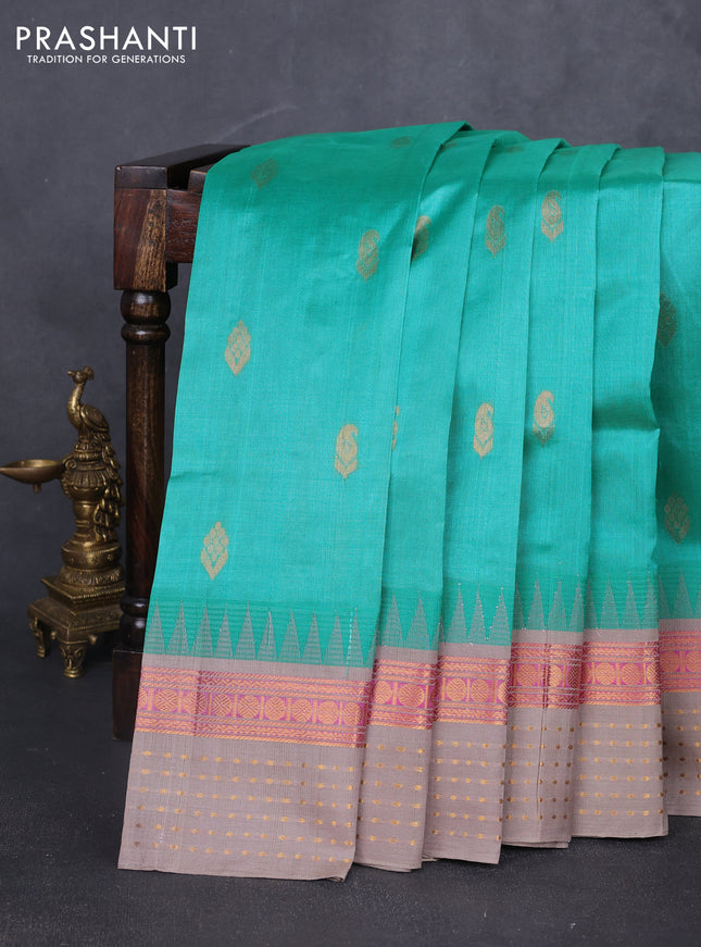 Kuppadam silk cotton saree teal green and beige with zari woven buttas and zari woven border