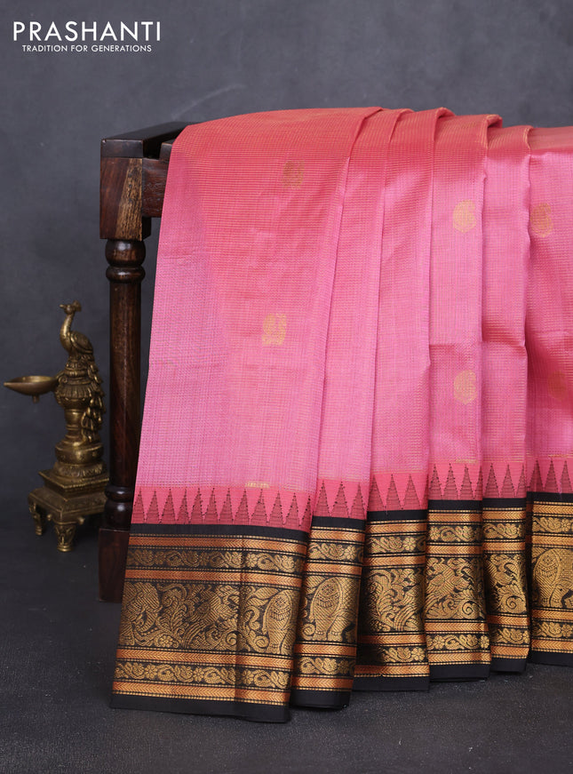 Kuppadam silk cotton saree mauve pink and black with allover vairosi pattern & buttas and zari woven border
